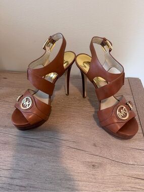 Michael Kors Tan Leather Platform Stiletto Sandals with MK Medallion